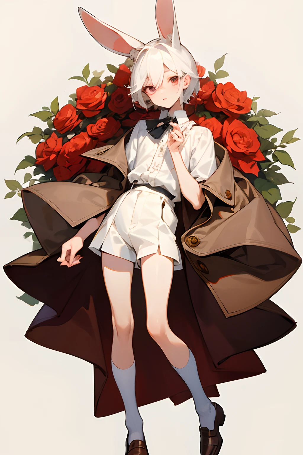 Masterpiece, perfect face, best quality, highest quality, 1boy, male character, short hair, male, anime boy, white hair, red eyes, chin length hair, creepy, yami kawaii, bunny ears, white lace shirt, Peter Pan collar, white skin, bow around neck, detailed lace, original character, detailed design, unique design, many accessories, eyebags, under eye bags, under eye lashes, twink, skinny, starving, full body drawing, for commission, adoptable, white outfit, full-body, no background, creepy cute, wearing shorts, wearing coat, short coat,, all white outfit, male character, anime boy, white background, empty background, full body, rose gold slacks, rose gold cuffs, loose ruffled shirt, dark eyes, slim hands, vintage-style outfit, one character, pumps, holding cane, magician, bones, blood, bunny ears, rabbit ears, nothing in background, pure white outfit, pure white skin, unnaturally white skin, white skin colour, albino, shorts, wearing loose shorts, shota, young man, lovelyboy, big bow on back, fluffy hair, puffy shorts, ruffled socks, slim legs, wearing shorts, pure white skin, antique