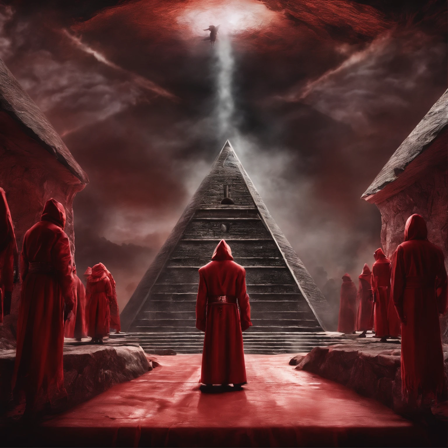 several men dressed in red and black hoods and tonics, in the Ku Klux Klan style, in the background a pyramid with an eye in the middle, a sinister being above the pyramid, cinematic image, with half light, 4k, shadow, smoke and fire, sharp and well-defined details.
