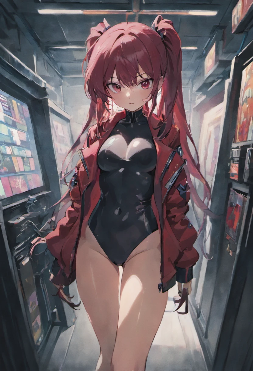 Lewd, cyberpunk, messy futuristic room, long black hair, blushing, naked under jacked, black jacket red accents, surprised look, messy ponytail, messy, annoyed look, [surprised], naked exept for jacket, underwear under jacket, surprised, shocked, full body, bandages, underwear under jacket