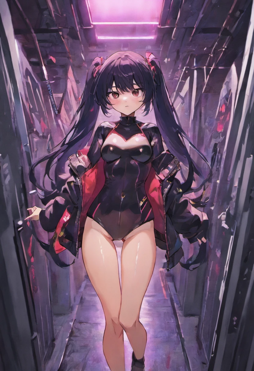 Lewd, cyberpunk, messy futuristic room, long black hair, blushing, naked under jacked, black jacket red accents, surprised look, messy ponytail, messy, annoyed look, [surprised], naked exept for jacket, underwear under jacket, surprised, shocked, full body, bandages, underwear under jacket