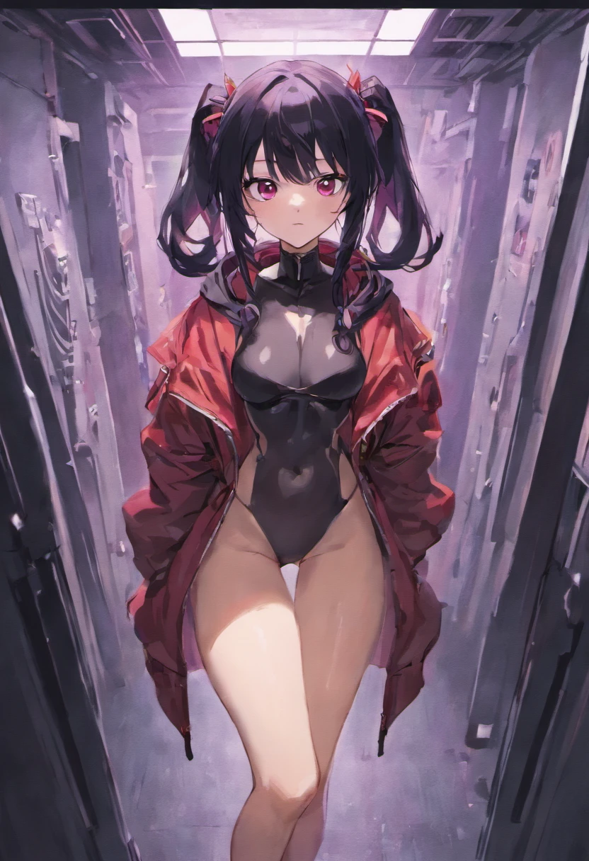 Lewd, cyberpunk, messy futuristic room, long black hair, blushing, naked under jacked, black jacket red accents, surprised look, messy ponytail, messy, annoyed look, [surprised], naked exept for jacket, underwear under jacket, surprised, shocked, full body, bandages, underwear under jacket