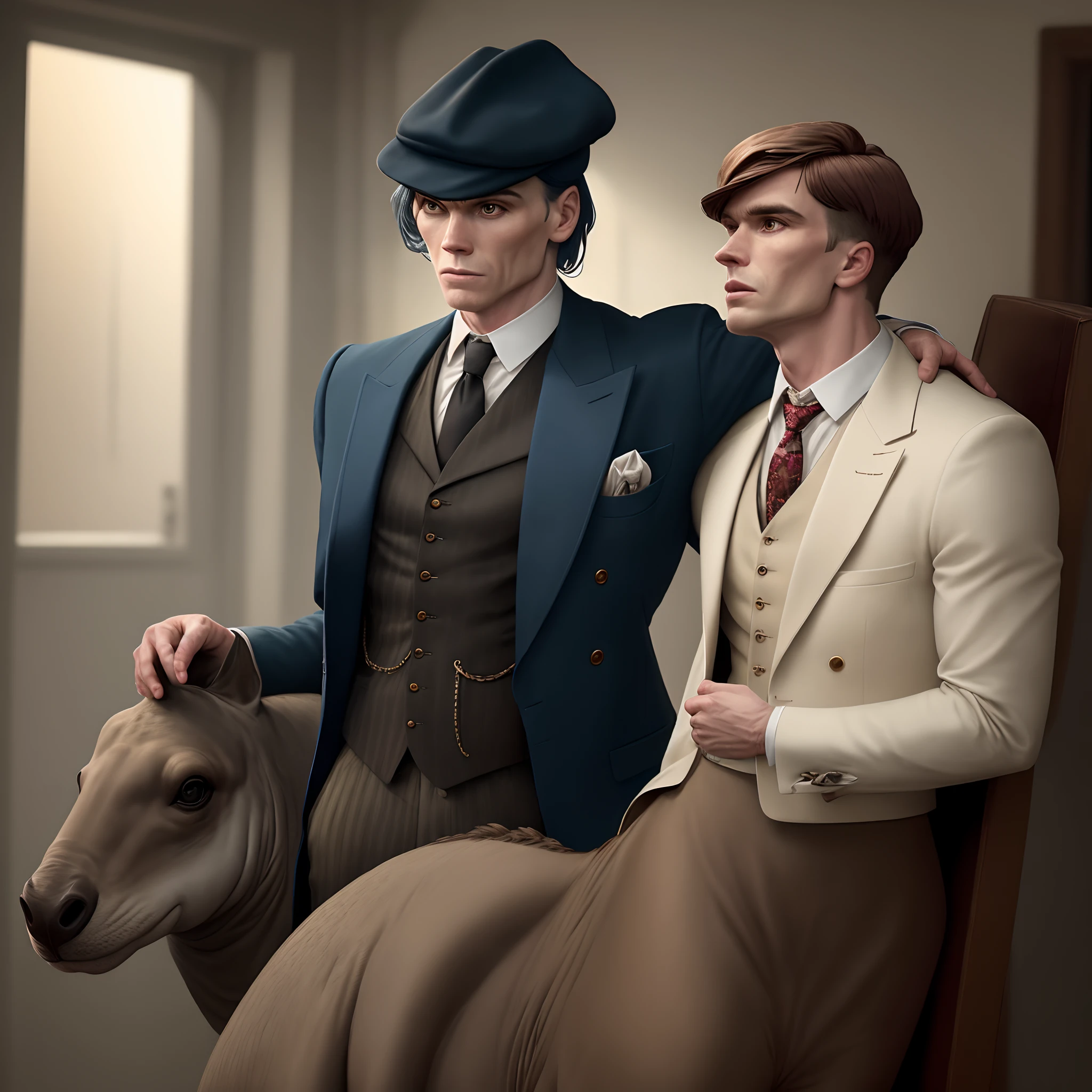 Crie uma imagem de um rinoceronte vestindo terno estilo peaky blinders