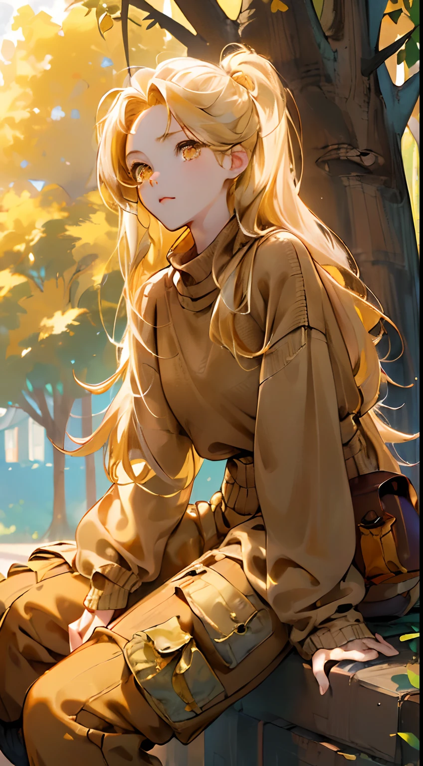highres, ultra detailed, 1girl, solo, extremely detailed eyes, (Gold colored hair:1.5) ,long hair, (straight waist-length gold colored hair:1.5) ,(Anti-flash white-colored eyes:1.5) , ulzzang , she is wearing a (( Brown colored Sweater Overszie :1.5)) ,((Ochre colored Baggy Cargo Pants:1.5)) , she wearing a white colored sneaker , focusing on the face , ( park at morning background:1.5) ,(( crowd)) ,look at viewer ,focus emotion , excited emotion , cute pose , above vỉew , close up view , cowboy shot , relax emotion , joyful emotion , cute sitting under tree