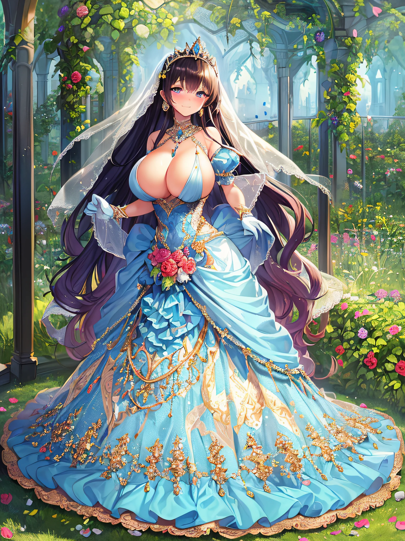 ((Anime Art Style)),(masutepiece),(Best Quality), (Super Detail),((Very delicate and beautiful)),((Full body portrait)),((Stand in the garden)),((Solo)),(((One princess in Gorgeous embroidery and jeweled very gorgeous Cinderella ballgown with voluminous full length hoop skirt))),Long Train,(((very very gigantic boobs,Skindentation))),((large amount of straight hair,extremely voluminous Hair,Very Long Straight Hair)),(finely detailed face and eyes),((Seductive smile,embarrassed)),(extremely gorgeousfull hair ornament,very gorgeous tiara adorned with bling-bling jewels),Glitter Gorgeous Gemstone Jewelry,Gorgeous Long Veil,(opera gloves),(Beautiful background),(Full body),((Gorgeous embroidery and jeweled gorgeous Cinderella ballgown with voluminous full length hoop skirt)),