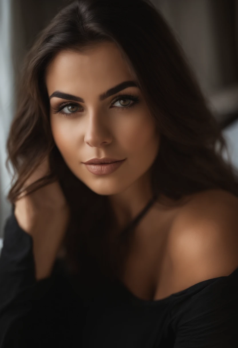 Woman with black clothes, fille sexy aux yeux bruns, cheveux bruns et grands yeux, selfie of a young woman, maquillage naturel, looking straight at camera, Superbe photo du corps entier, dans la chambre, sur la plage, belle poitrine