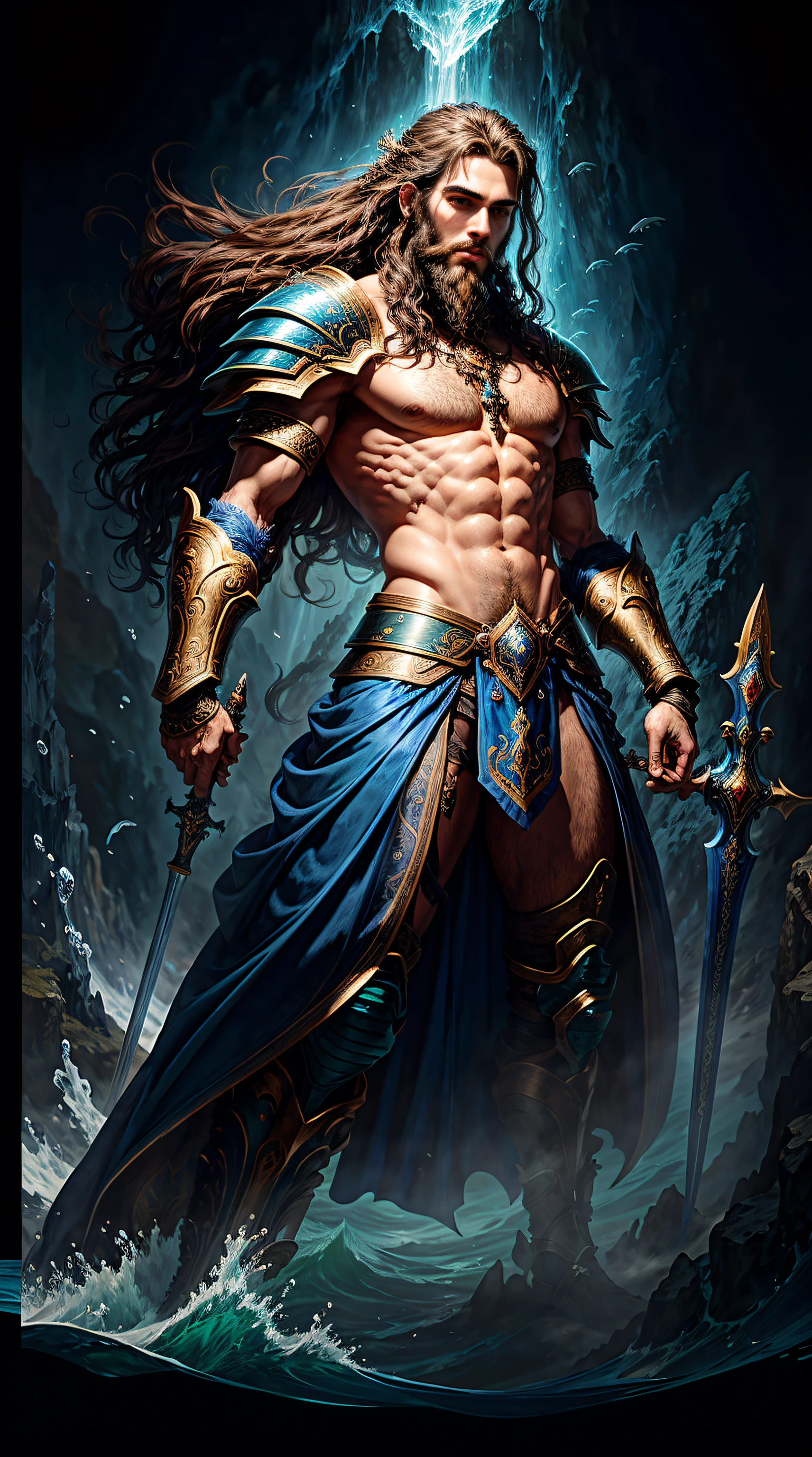 An artist's depiction of a formidable warrior with flowing, cabelo na altura da cintura e uma barba majestosa, adorned in an intricately designed blue-blue armor suit that emanates an aura of strength and nobility. The warrior's long hair and beard are a testament to his resilience and valor, As they sway in the ocean breeze. Ao seu alcance, He wields his legendary blue sword, A weapon of legendary prowess. Armor is a masterpiece of craftsmanship, adorned with intricate patterns and motifs that echo the majesty of the sea. The warrior stands waist-deep in the crystal clear waters of the ocean, com ondas batendo suavemente ao seu redor. O estilo de arte se inspira nas obras de John Howe, misturando elementos de fantasia heroica e realismo. The camera angle is a dynamic low angle, capturando a grandeza do guerreiro no meio do vasto oceano. The rendering style is a fusion of fantasy and hyper-realism, evoking a sense of epic adventure and serenity, (((master part))), (alta resolução), Foto premiada