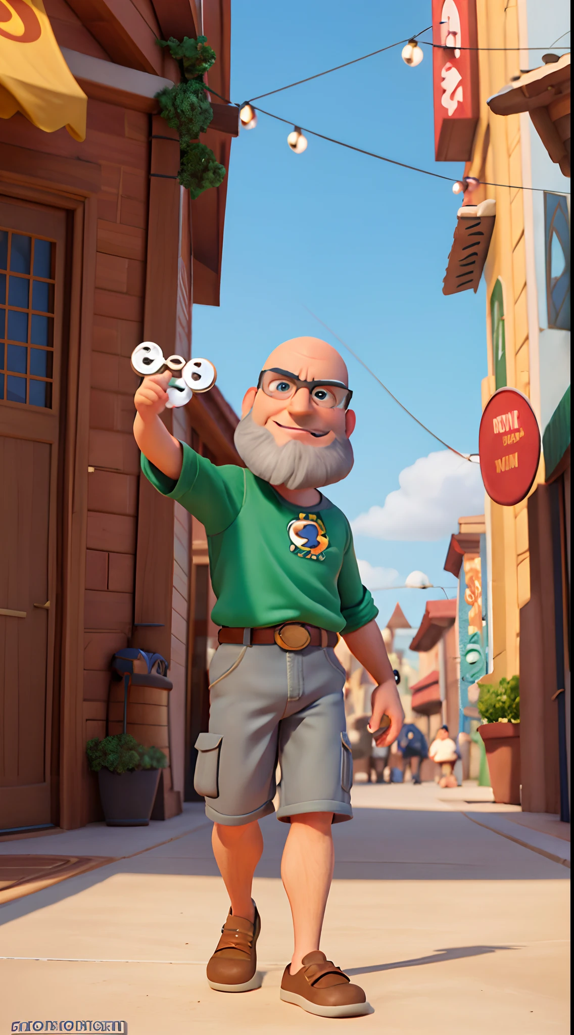 (DisneyPixar Cartoom 3D), Pixar-style movie poster, 3D animation style, cute cartoon-style, white male, green eyes, bald head, partially-gray beard, glasses, title is "Fabio21", poster, photo, include Disney Pixar logo