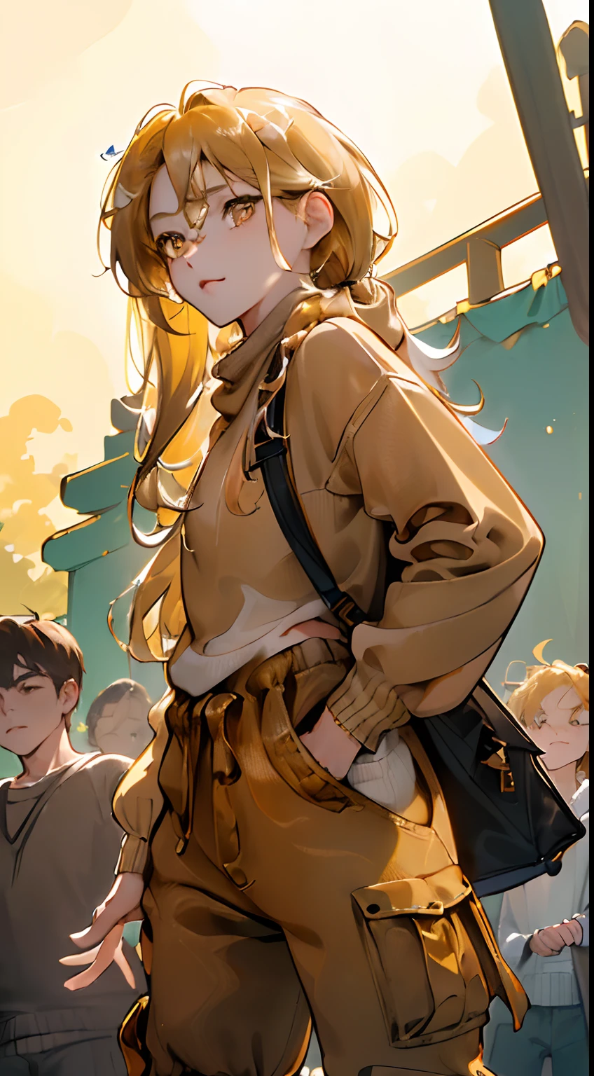 highres, ultra detailed, 1girl, solo, extremely detailed eyes, (Gold colored hair:1.5) ,long hair, (straight waist-length gold colored hair:1.5) ,(Anti-flash white-colored eyes:1.5) , ulzzang , she is wearing a (( Brown colored Sweater  Overszie :1.5)) ,((Ochre colored  Baggy Cargo Pants:1.5))  , she wearing a white colored sneaker   , focusing on the face  , (  park at morning background:1.5) ,(( crowd))  ,look at viewer  ,focus emotion , excited  emotion , cute pose , above vỉew , close up view , cowboy shot , relax emotion , joyful emotion  , cute,((popularize something with the crowd)) , talking , Notification