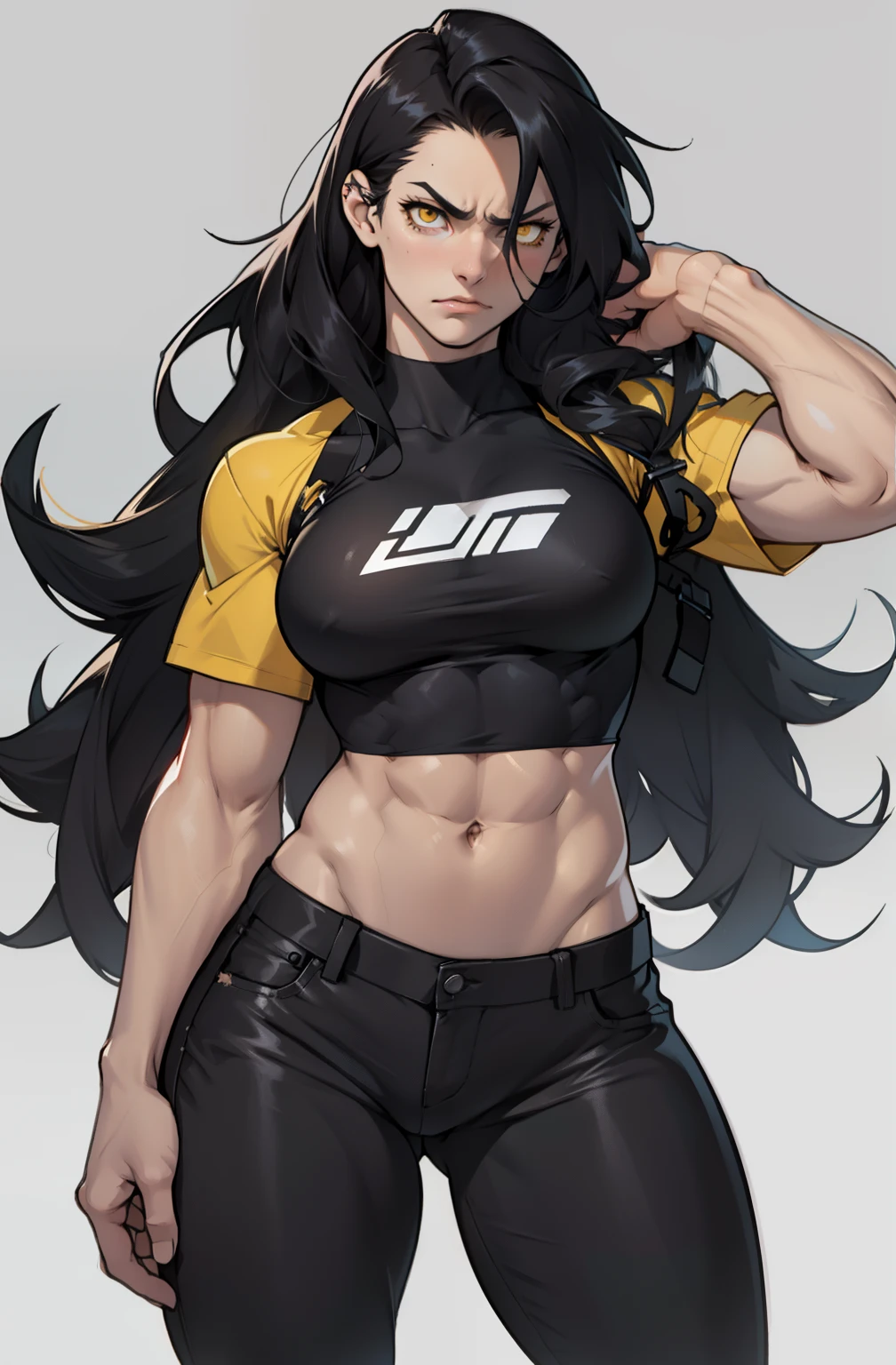 1 girl mound navel pale skin ((((muscular)))) perky tits toned body thick thighs black hair very long hair yellow eyes angry tight shirt  tight pants grey background