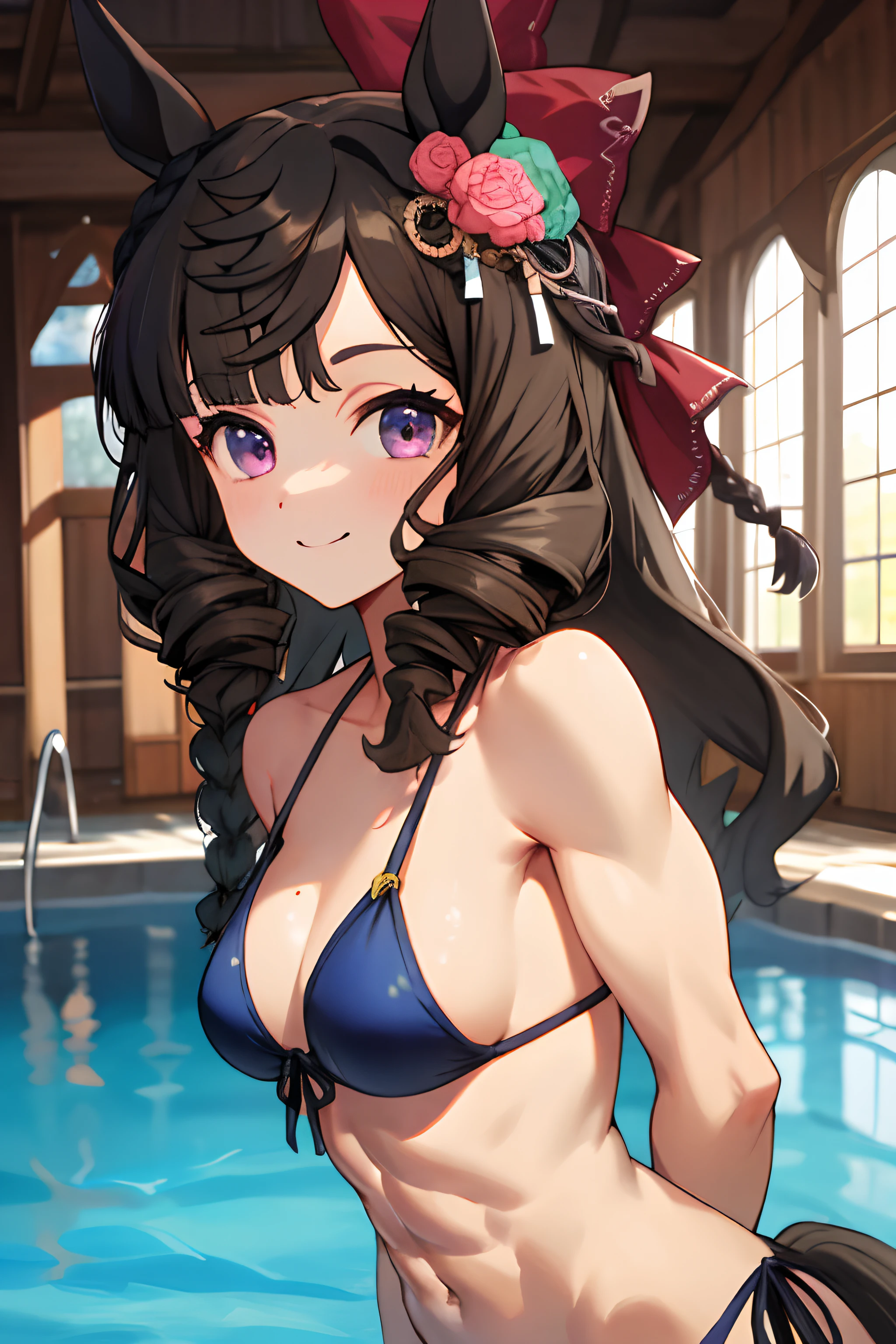 daiichi ruby \(umamusume\), masterpiece, best quality, ultra-detailed face, (muscle), abs,frontage,detailed clear eyes, upper body,  plain bikini, horse tail, slender, pool, light smile,