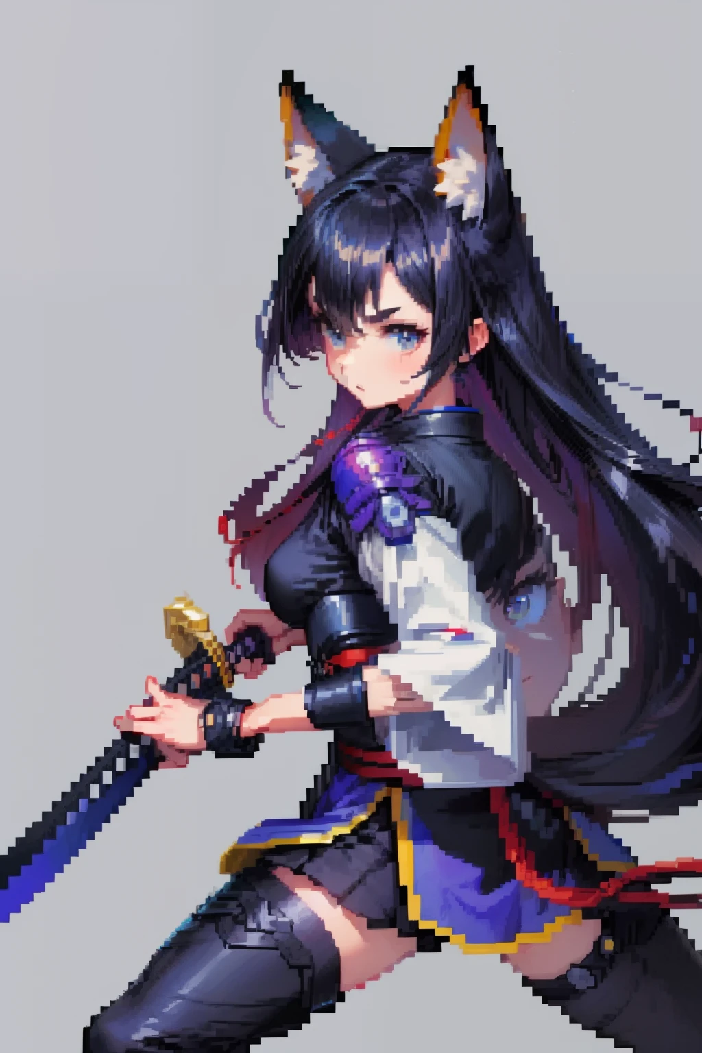 blue and black、Samurai Girl、with fox ears、caudate、Two-tailed、black hair、(Pixel Art:1.2、Pixels)simple background、Hold on to your leg、Carry your katana 、Unleashing electricity from a katana, Character reference, character sheet