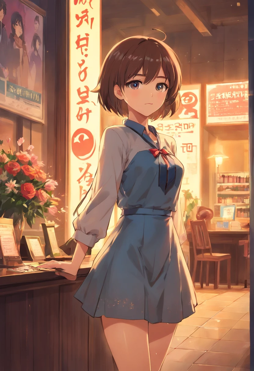 ((dia, luz realista, best quality, 8k, master part: 1.3)), 1 Japan Cute Girls, 21 anos, Beleza Slim: 1.4, (brown hair), Vestido branco sexy: 1.1, Rosto super esguio, Olhos Delicados, double eyelids, boca aberta, sorrir, Cafeteria Terrace Seating, colar, corte de bob, leitura, de longe, corpo inteiro,
