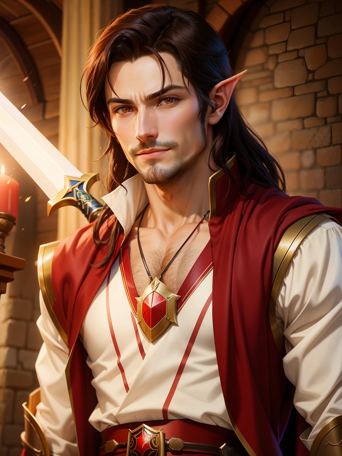 anime character with sword in hand and a red cape on, aragorn in an anime world, a male elf, arsen lupin as a paladin, arcane from netflix, picture of a male cleric, smirking male bard, official art, sylas, casimir art, inspired by Gaston Anglade, a portrait of a male elf, in the anime film. No beard and cute early 20s