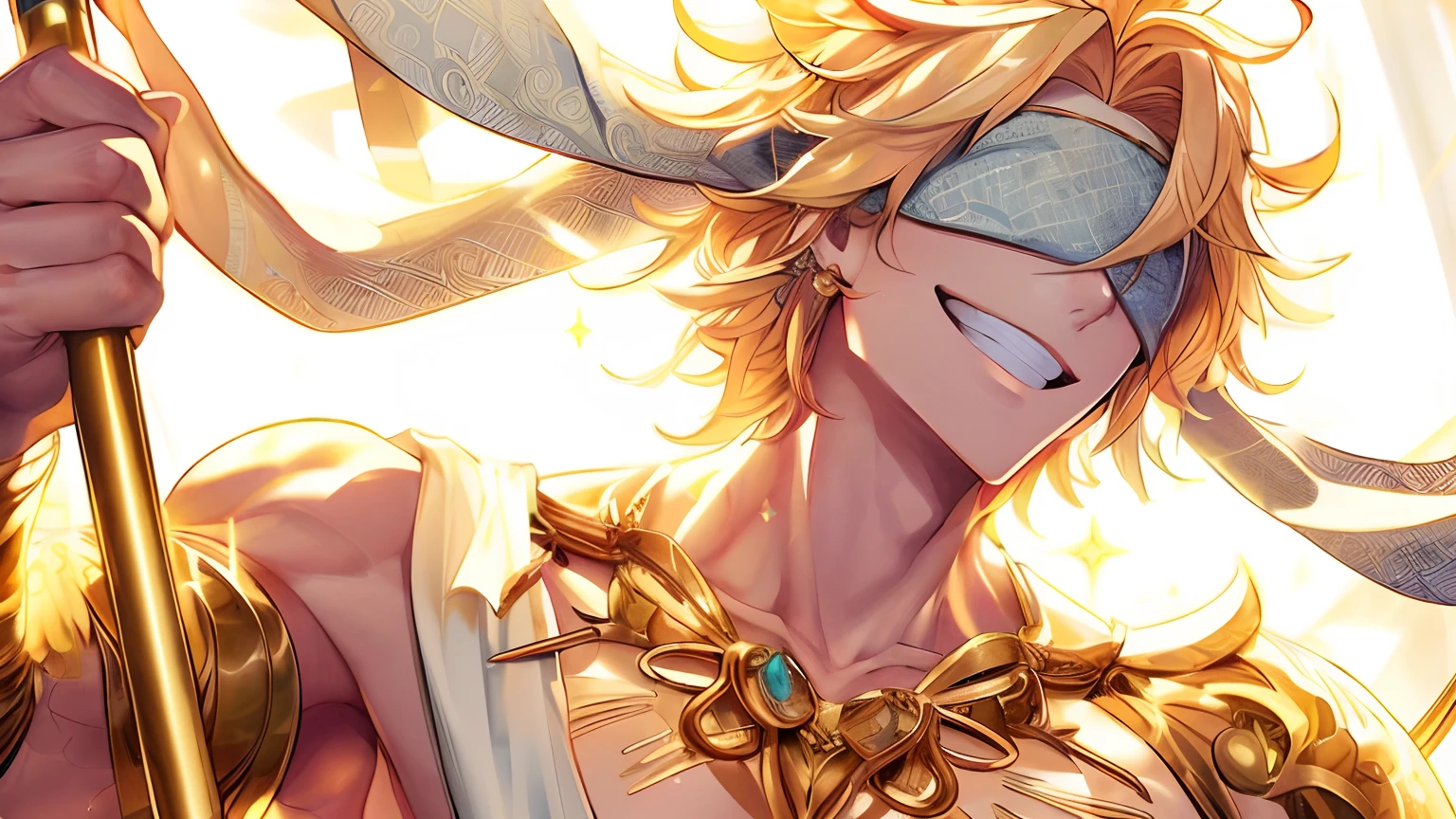 hombre fornido, golden hair scruffy and tied, cinta con patrones tapandole los ojos, sonrisa radiante y juguetona, lanza dorada, sosteniendo la lanza detras del cuello, ornamentos dorados, patrones de lineas de poder en su cuerpo, cuerpo de musculos ligeros, escenario del cielo, cinta tapandole los ojos, vista completa y panoramica con perspectiva, pose dinamica, sonrisa radiante y juguetona, anime style