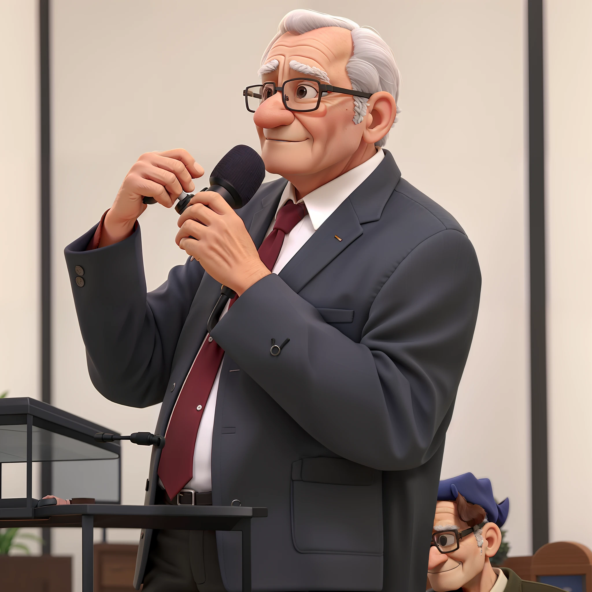 melhor qualidade, An elderly man with square glasses, with a microphone in hand.