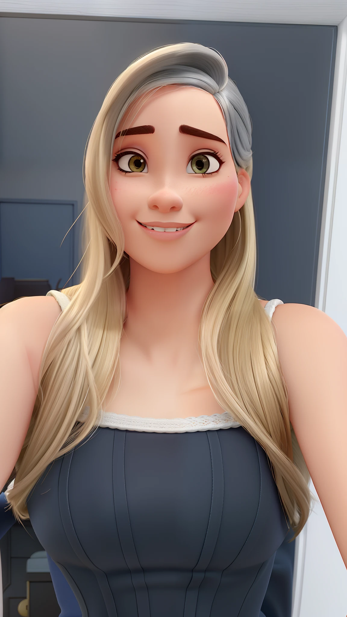Mulher loira com cabelo longo, rosto sexy com maquiagem completa, olhar sensual, boca fechada, estilo Disney Pixar, alta qualidade, melhor qualidade