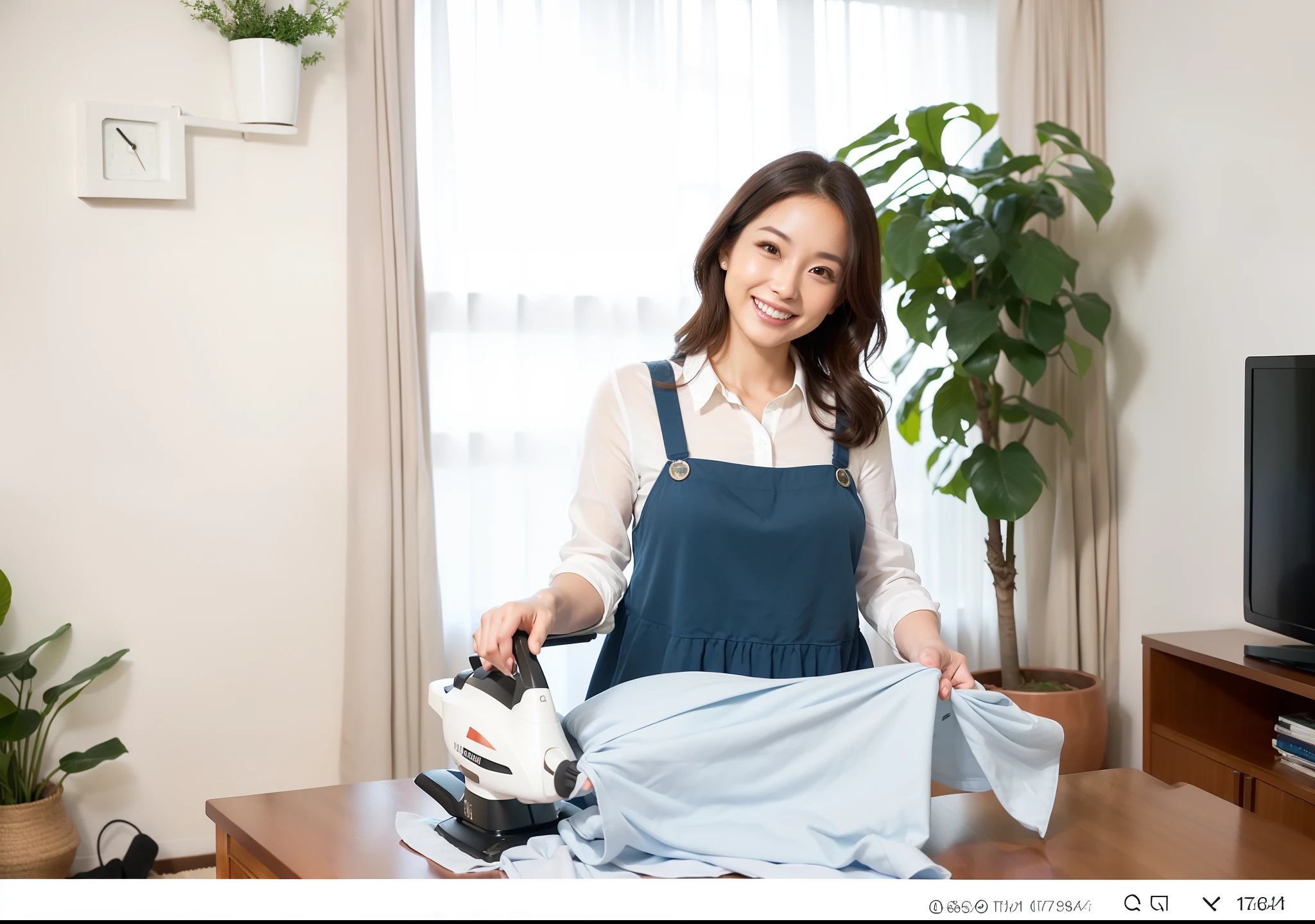 ((Beautuful Women, Woman ironing clothes in living room, Holding an iron,The biggest smile staring at the camera,Natural soft lighting,Beautiful skin,Beautiful face,)),((Japan Beauty 1,35-year-old beauty,The face of Japan's cutest idol)),(Camera gaze,Biggest smile、length hair,waved hair,Colossal tits,Chest that seems to burst,emphasizing breasts),(View here,It's the perfect camera gaze,Clean teeth,face perfect,White teeth,perfect teeth,8K、hightquality、best qualtiy，tmasterpiece，hight resolution，At 8K,Ulutra HD,softlighting,hightquality, hight resolution) vibrant detail