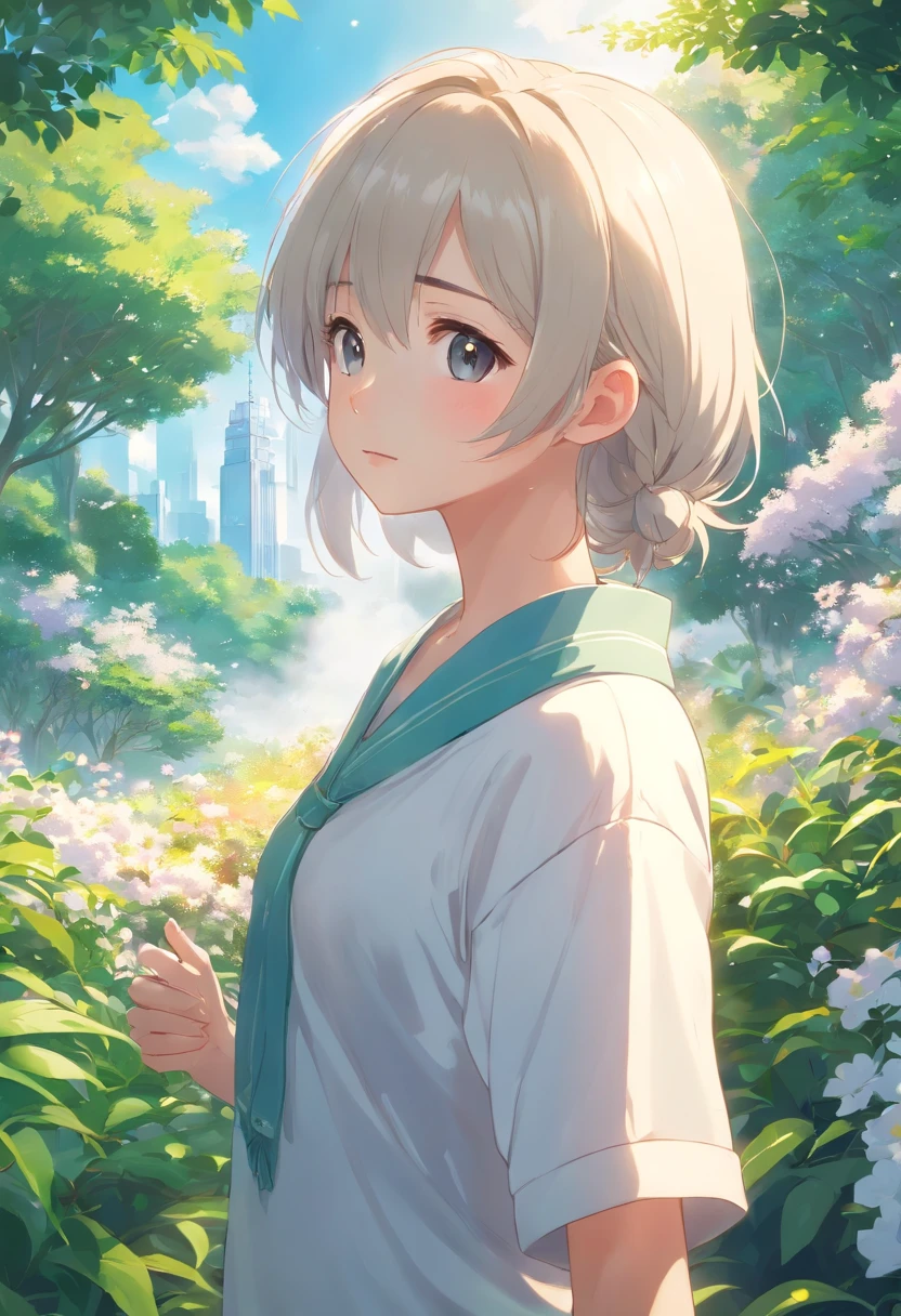 (Best quality, highr), Teenage uncensored, lovely boy, sportrait, A detailed eye, Detailed lips, Detal Face, long white hair, Pastoral attire,shorter pants,White lace shirt, neutral expressions, Stand in the lush garden, Surrounded by blooming flowers, Sunlight pierces trees, casting a warm glow, There was a hint of fog in the air, Add an ethereal vibe。(Realistic, photo-realistic),Soft light source