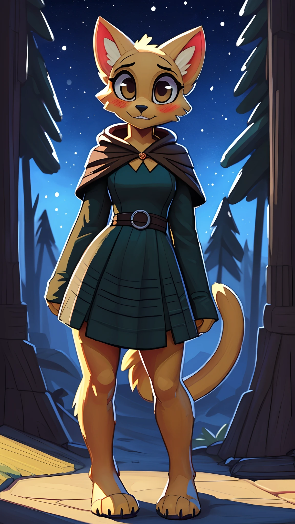 [katia managan], [Uploaded to e621.net; (Pixelsketcher), (wamudraws)], [(Uploaded to twitter.com); (@senip)], ((masterpiece)), ((HD)), ((solo portrait)), ((full body)), ((front view)), ((furry; anthro)), ((detailed fur)), ((detailed shading)), ((beautiful render art)), {anthro; (slim figure), yellow fur, black nose, (long yellow cat tail), (cute dark brown eyes), (blushing), (surprised), (cute nervous grin)}, {(green long sleeve dress), (brown hood), (short brown cape), (beautiful feet), (black claws)}, {(standing), (arms at side), (pigeon-toed), (looking at viewer)}, [background; (woods), (spruce trees), (starry sky), (ambient lighting)}