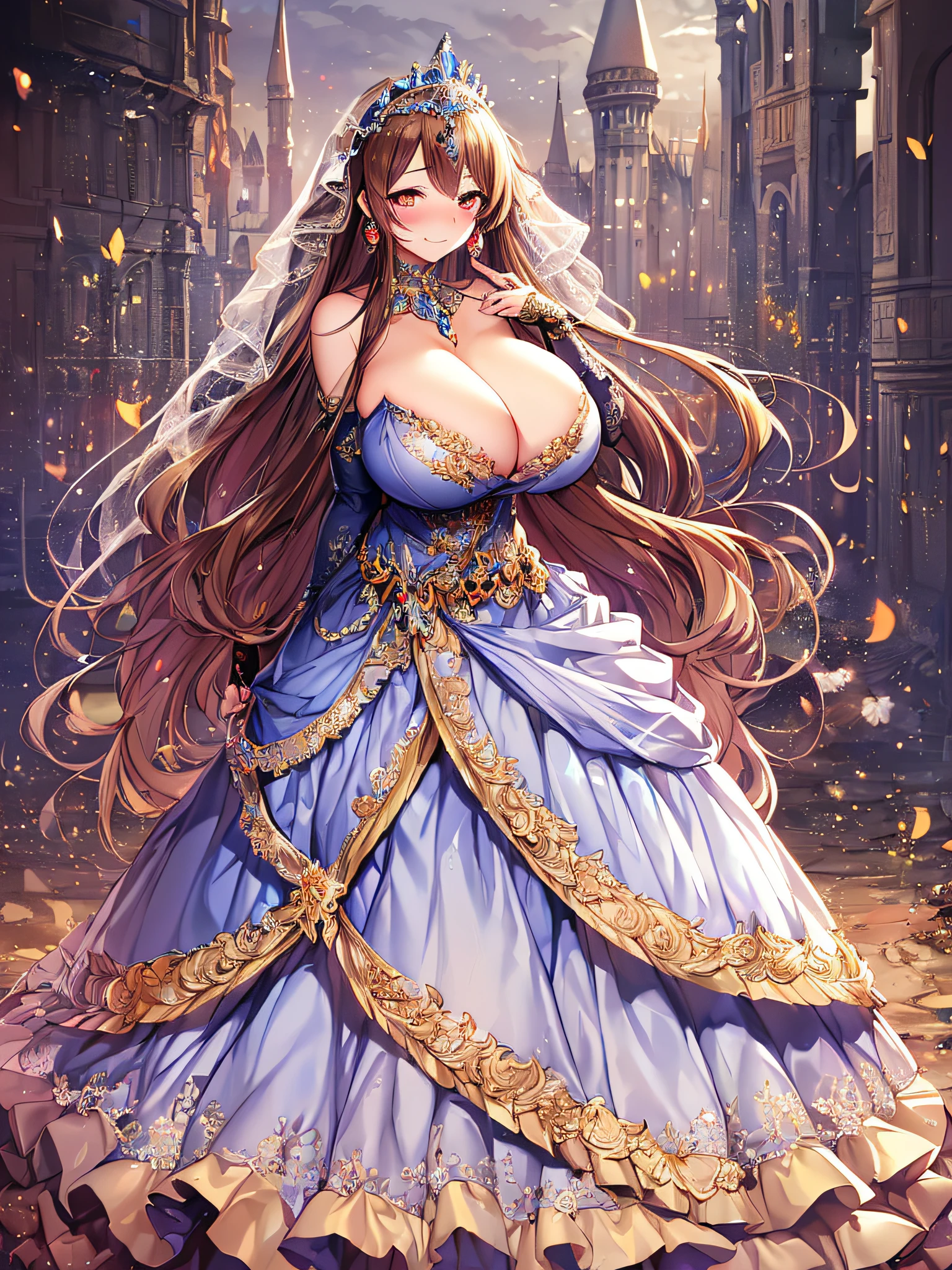 ((Anime Art Style)),(masutepiece),(Best Quality), (Super Detail),((Very delicate and beautiful)),((Full body portrait)),((Stand in the garden)),((Solo)),(((One princess in Gorgeous embroidery and jeweled very gorgeous Cinderella ballgown with voluminous full length hoop skirt))),Long Train,(((very very gigantic boobs,Skindentation))),((large amount of straight hair,extremely voluminous Hair,Very Long Straight Hair)),(finely detailed face and eyes),((Seductive smile,embarrassed)),(extremely gorgeousfull hair ornament,very gorgeous tiara adorned with bling-bling jewels),Glitter Gorgeous Gemstone Jewelry,Gorgeous Long Veil,(opera gloves),(Beautiful background),(Full body),((Gorgeous embroidery and jeweled gorgeous Cinderella ballgown with voluminous full length hoop skirt)),
