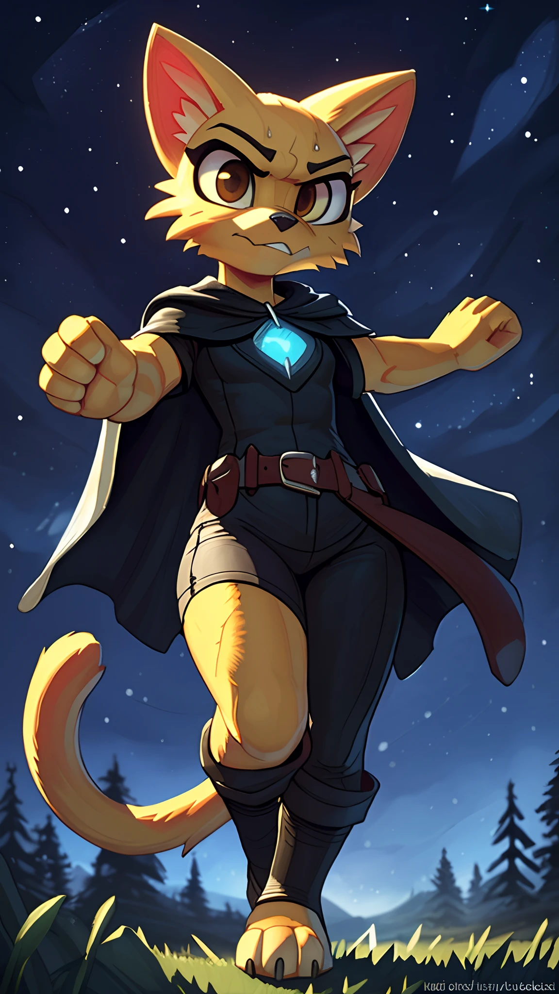[katia managan], [Uploaded to e621.net; (Pixelsketcher), (wamudraws)], [(Uploaded to twitter.com); (@senip)], ((masterpiece)), ((HD)), ((solo portrait)), ((full body)), ((front view)), ((furry; anthro)), ((detailed fur)), ((detailed soft shading)), ((cinematic lighting)), ((beautiful render art)), {anthro; (slim figure), yellow fur, black nose, (long yellow cat tail), (cute dark brown eyes), (beautiful feet), (black claws), (sweating, (angry), (smug grin)}, {(black tunic), (black pants), (short green cape), (black toeless socks)}, {(dynamic pose), (looking ahead)}, [background; (woods), (spruce trees), (starry sky), (ambient lighting)}
