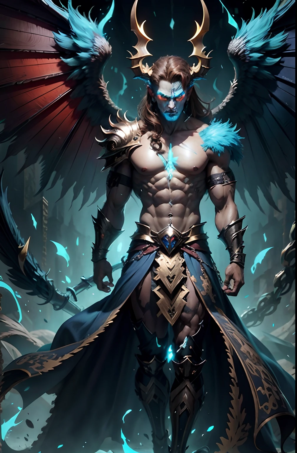 Demon Malphas, Green eyes, high cheekbones, muscular physique, Square Face, brown-hair, Grey Wings, Bright Blue Aura