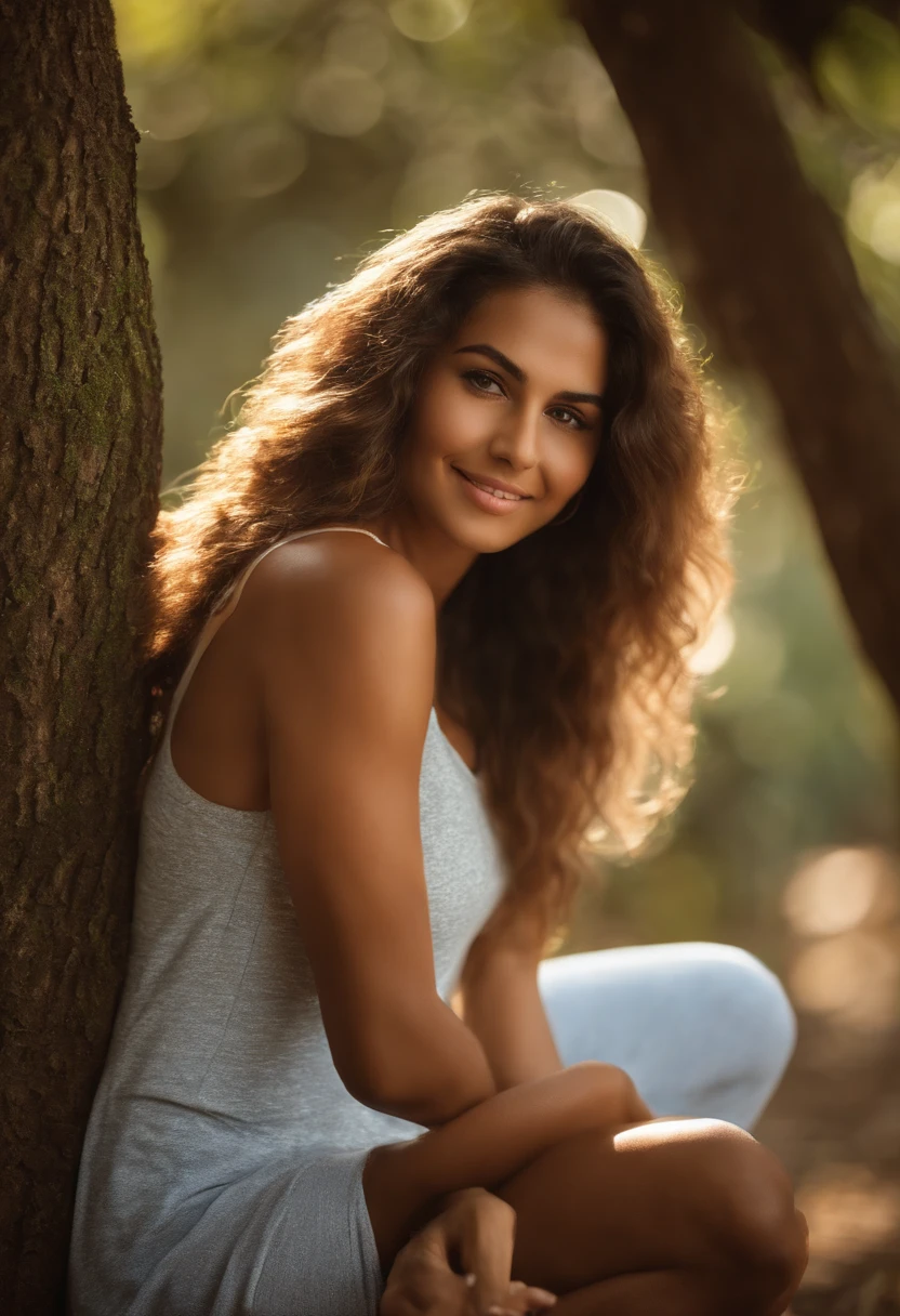 garota de 20 anos com a pele bronzeada, cabelo moreno (castanho) longo e bem liso sem franja, With brown eyes she is physically Brazilian. The setting is outdoors in a square with trees. ela gosta de fazer exercicio, estudar se alimentar bem, Take swimming and running lessons
