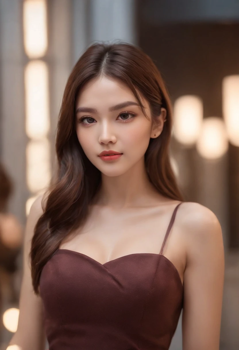 ((Realistic lighting, Top Quality, 8K, Masterpiece: 1.3)), Clear Focus: 1.2, 1 girl, Slim abs: 1.1, ((Dark brown hair)), (Accent Dress: 1.4), girl Instagram influencer, in a short white bodycon dress straighter outfit fixed in front of her, fat lips, Long legs, High detail, High sharpness, Photos with depth, Detailed face, Detailed eyes, Long hair, Street, Ultra Slender Face, double eyelids, (Best Quality,4k,8K,hight resolution,Masterpiece:1.2),(Ultra-detailed),(Realistic,Photorealistic,photo-realistic:1.37),(portrai),(warm tone),(soft-lighting)