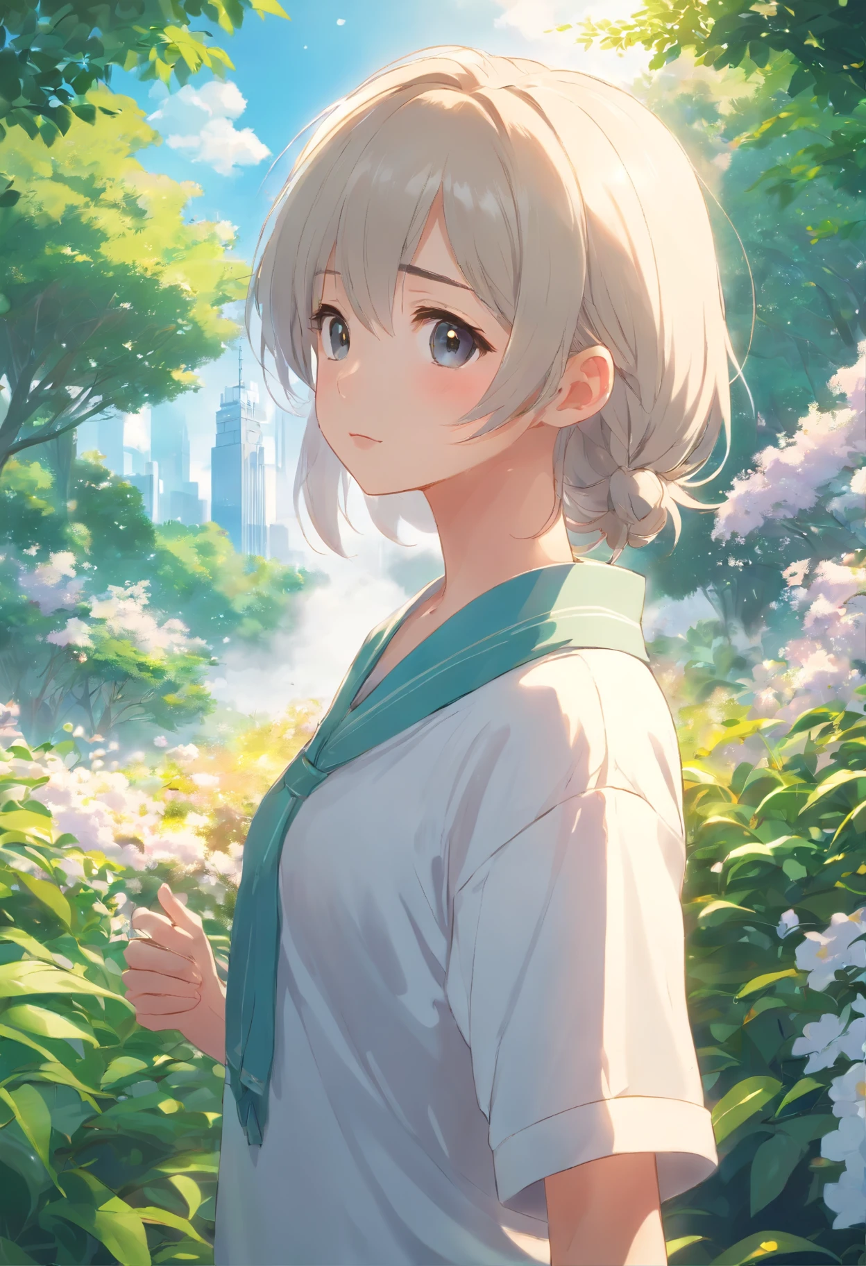 (Best quality, highr), Teenage uncensored, lovely boy, sportrait, A detailed eye, Detailed lips, Detal Face, long  white hair, Pastoral attire，shorter pants，White lace shirt, neutral expressions, Stand in the lush garden, Surrounded by blooming flowers, Sunlight pierces trees, casting a warm glow, There was a hint of fog in the air, Add an ethereal vibe。(Realistic, photo-realistic)，Soft light source
