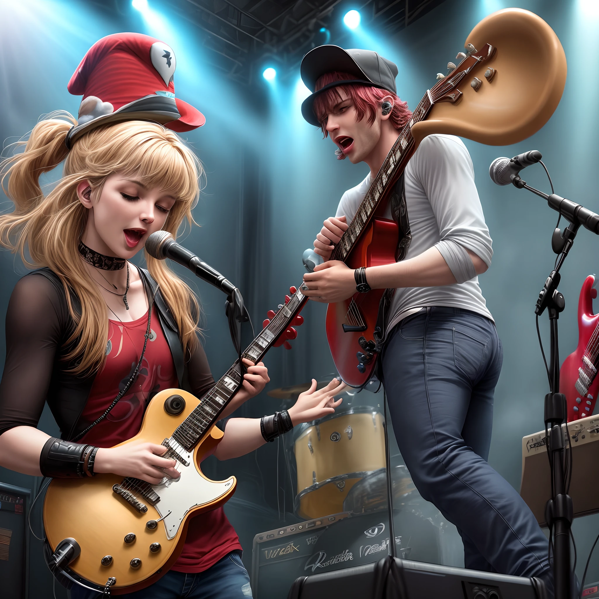 Personagem dos vingadores ultra realista tocando em uma banda de rock com instrumentos musicais