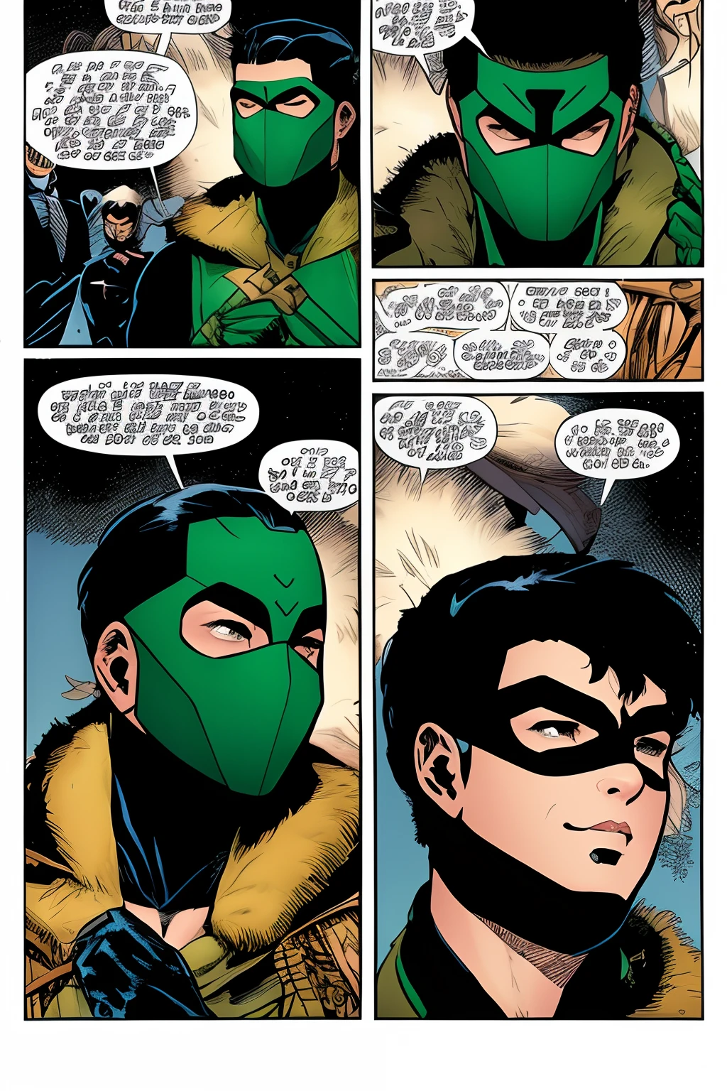 Panel Comic marvel, mujer de cabello rubio con un traje escotado de cuero negro, ajustado, en los bordes del traje, He wears a faux white fur and mask that covers a small part of his face