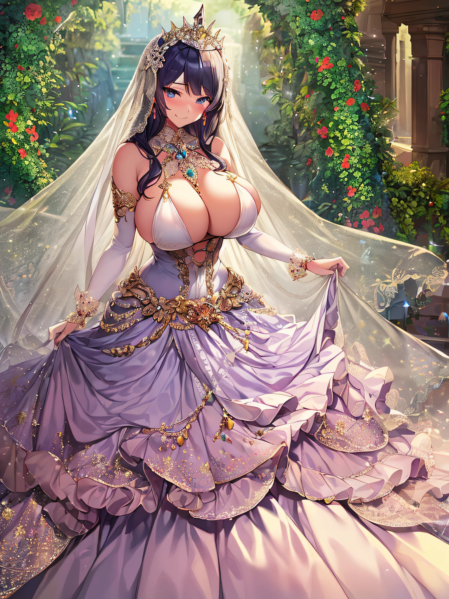 ((Anime Art Style)),(masutepiece),(Best Quality), (Super Detail),((Very delicate and beautiful)),((Full body portrait)),((Stand in the garden)),((Solo)),(((One princess in Gorgeous embroidery and jeweled very gorgeous Cinderella ballgown with voluminous full length hoop skirt))),Long Train,(((very very gigantic boobs,Skindentation))),((large amount of straight hair,extremely voluminous Hair,Very Long Straight Hair)),(finely detailed face and eyes),((Seductive smile,embarrassed)),(extremely gorgeousfull hair ornament,very gorgeous tiara adorned with bling-bling jewels),Glitter Gorgeous Gemstone Jewelry,Gorgeous Long Veil,(opera gloves),(Beautiful background),(Full body),((Gorgeous embroidery and jeweled gorgeous Cinderella ballgown with voluminous full length hoop skirt)),