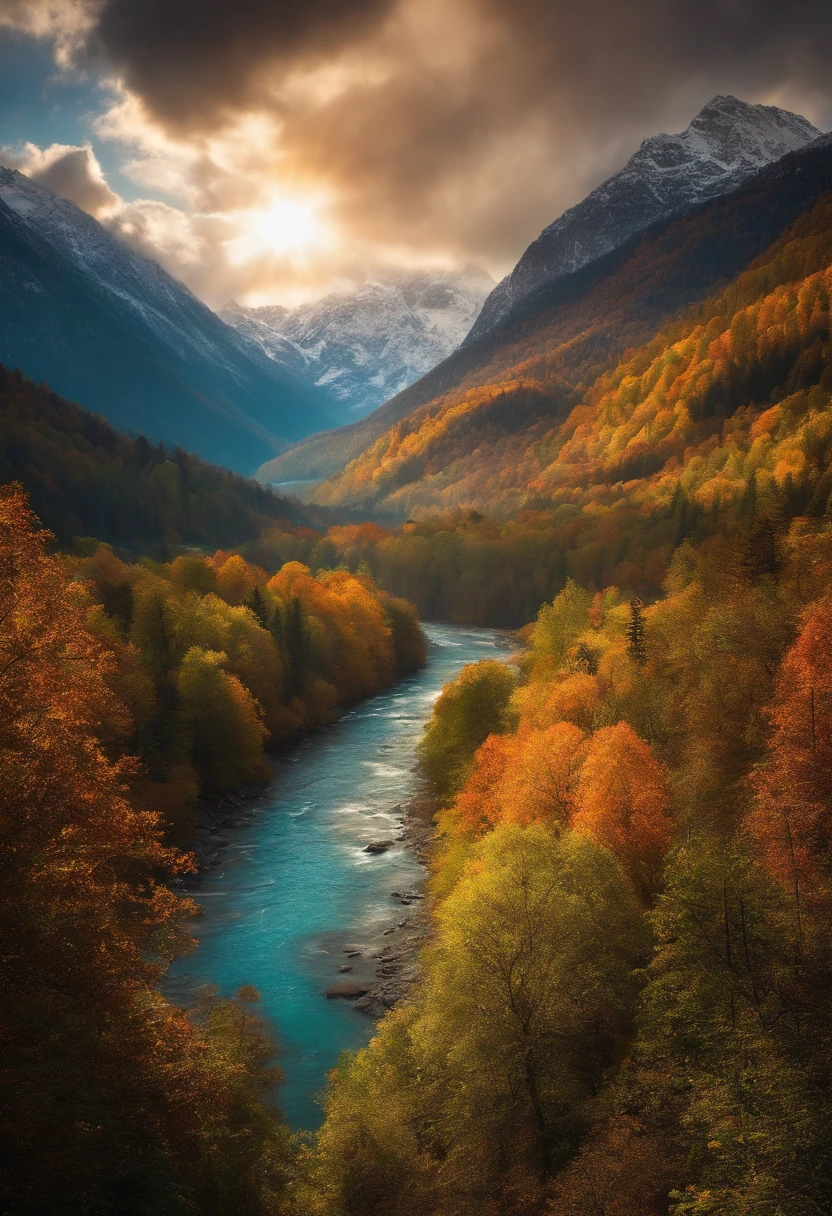 detailed background, masterpiece, best quality, scenery, mountains, river, forest, sun, day, clouds