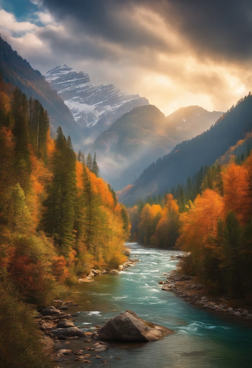 detailed background, masterpiece, best quality, scenery, mountains, river, forest, sun, day, clouds