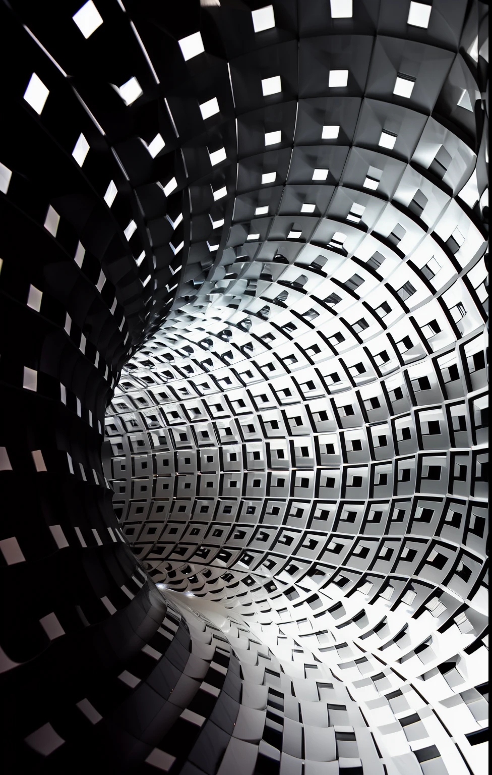 a close up of a black and white shirt with a pattern, abstract holescape, infinite fractal mandala tunnel, optical illusion art, by Victor Vasarely, rippling fabric of reality, portal. zaha hadid, mind-bending geometry, refik anadol, geometric liminal space, claustrophobic and futuristic, inspired by Victor Vasarely