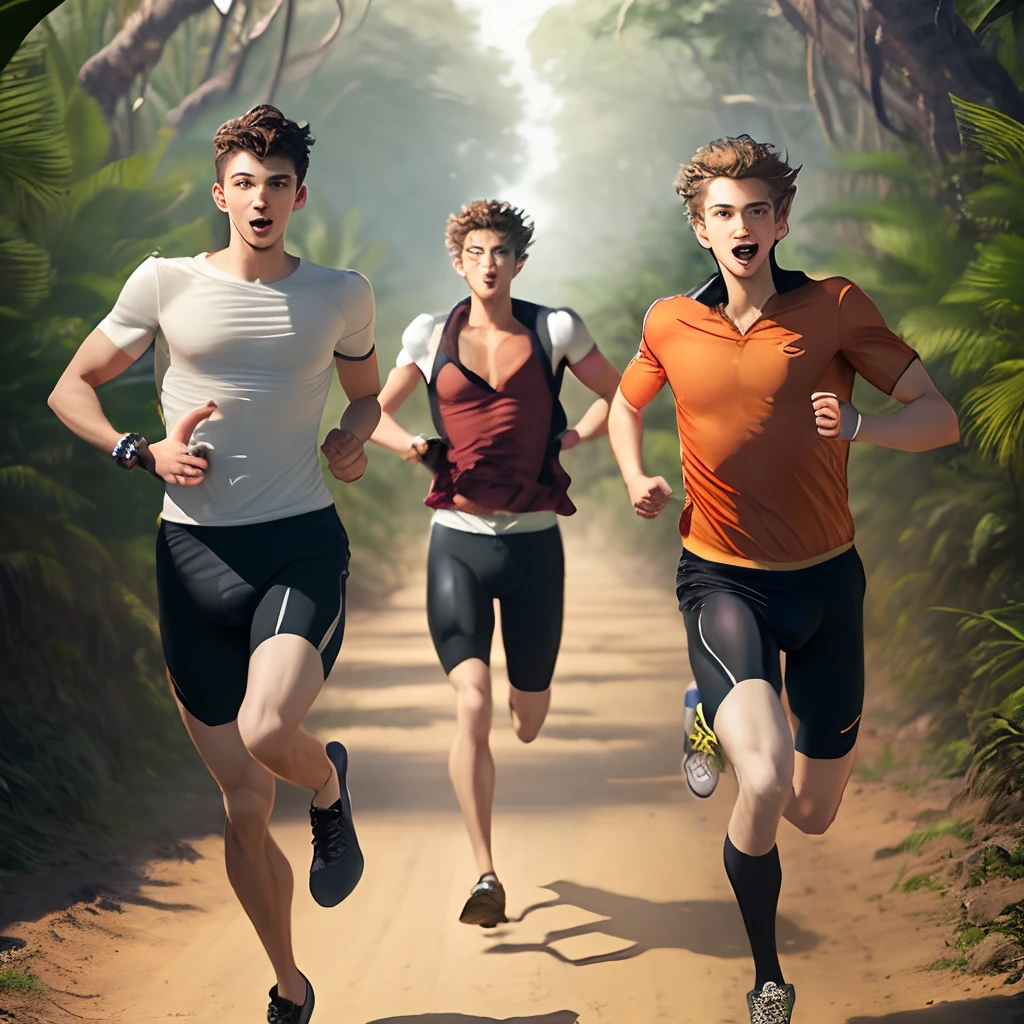 Three attractive young men running through the jungle being chased by a tiger