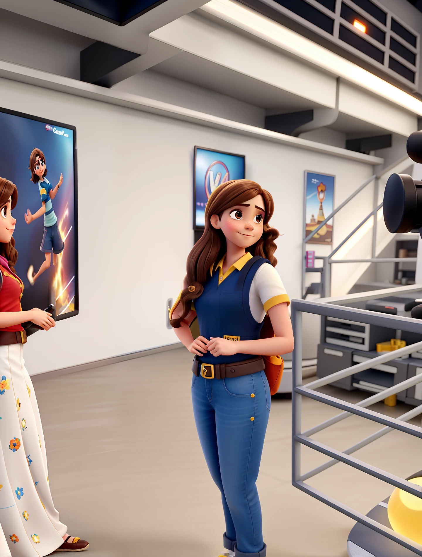 Emma watson, cabelo com mechas, pele morena clara, sorrindo segurando microfone da tv Globo. Estilo Disney pixar de alta qualidade