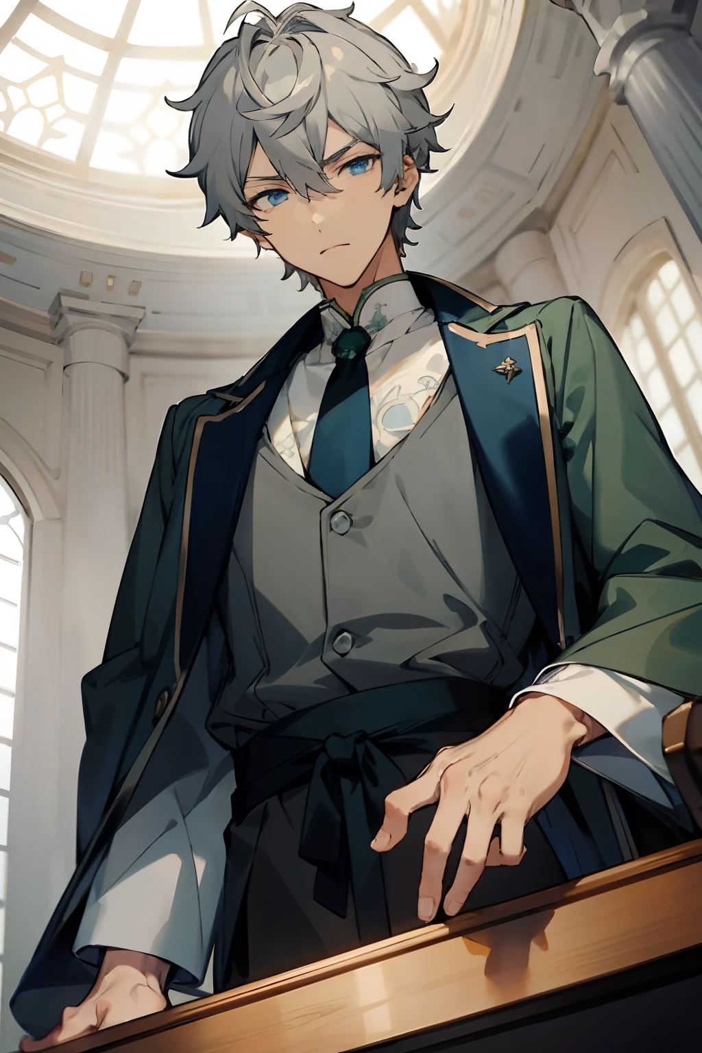 masterpiece, best quality, 1 male, adult, muscular tall, handsome, finely detailed eyes, intricate details, light grey hair, blue eyes, looking down at viewer, elegant, regal, handsome face, lovelyboy, izumi sena, light skin, staring down at viewer, giant, giant man, elegant clothing, viewed from below, sitting at desk, staring down at viewer, fluffy hair, small eyes, slim eyes, wearing black turtleneck, green coat resting on shoulders