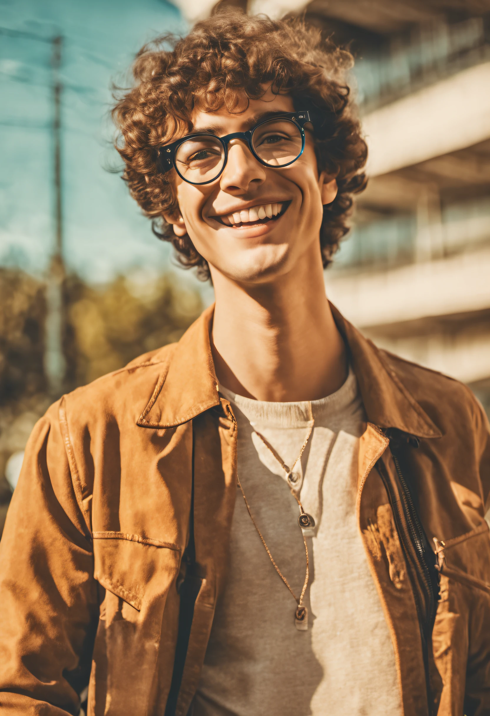 a young men with glasses smiles outdoors, in the style of post-'70s ego generation, photoillustration, jewish culture themes, stockphoto, colorized, drugcore, lit kid  --ar 3:2 --v 5.1 50 --s 2