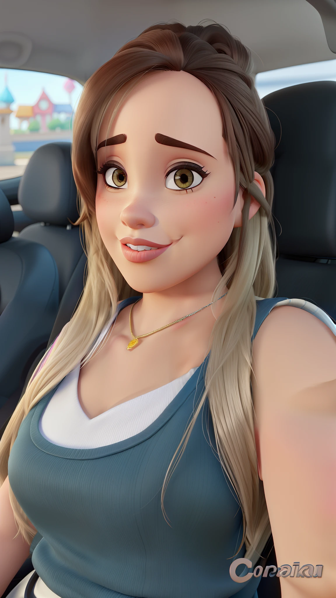 Mulher loira com cabelo longo em um carro, thick lips, rosto sexy com maquiagem completa, olhar sensual, estilo Disney Pixar, alta qualidade, melhor qualidade