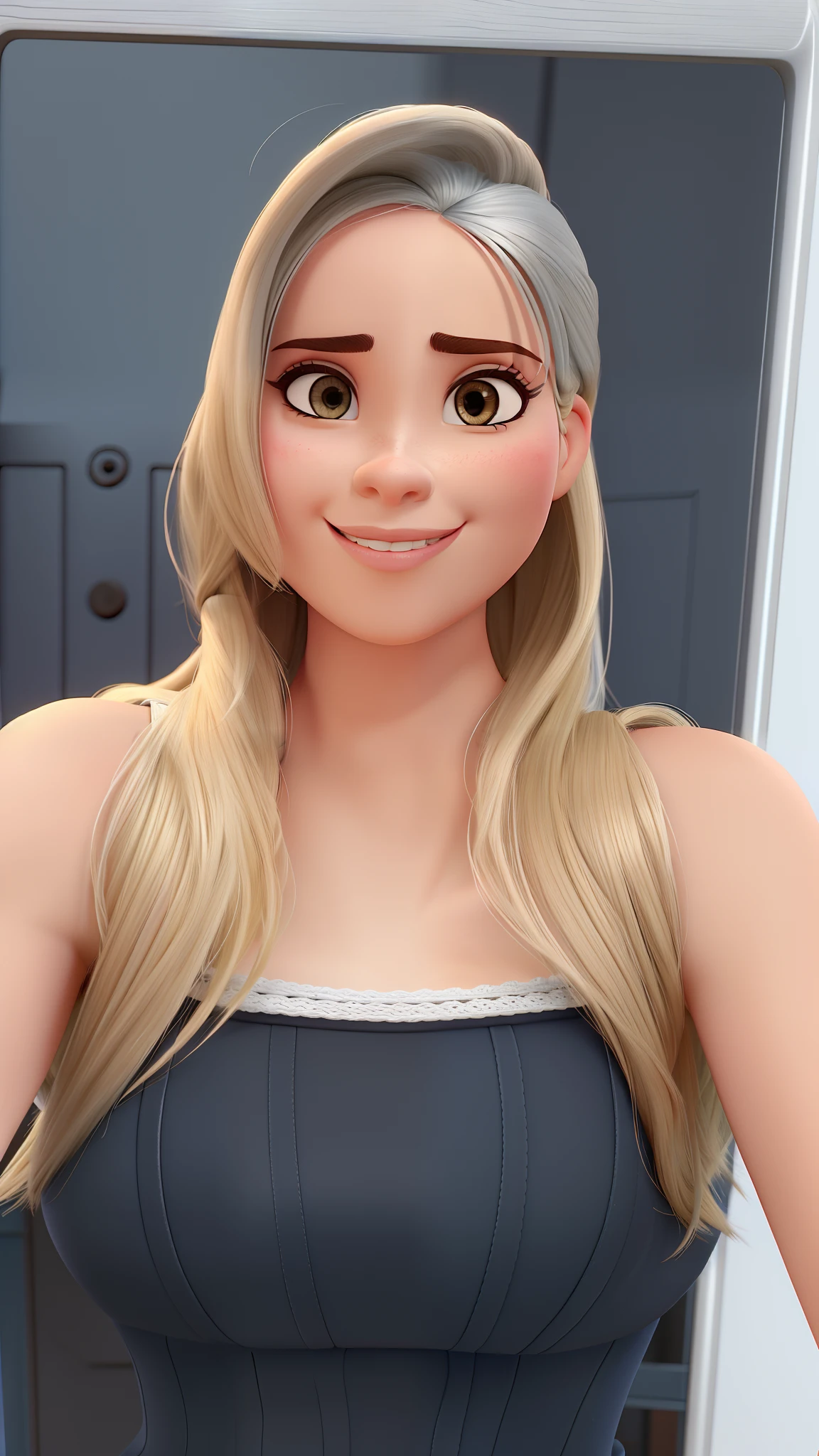 Mulher loira com cabelo longo, rosto sexy com maquiagem completa, olhar sensual, boca fechada, estilo Disney Pixar, alta qualidade, melhor qualidade