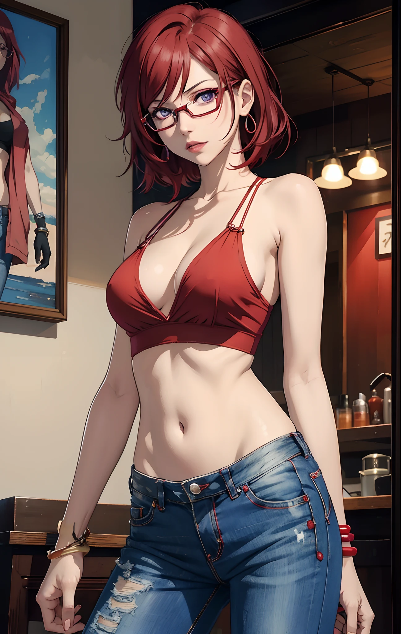 Nishikino maki, Purple eyes, red hair, lipstick,red tank top, denim pants, glasses, bracelet, cleavage, standing, realistic art, cowboy shot, sexy,nsfw