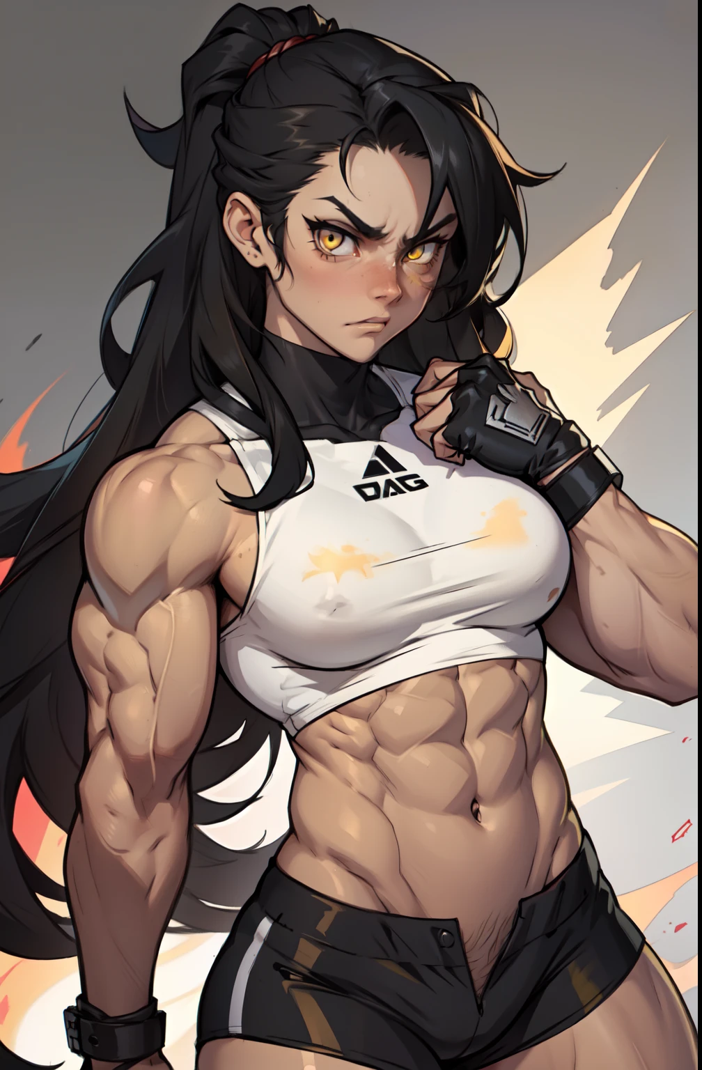 (((((1 girl))))) angry very long hair pale skin black hair yellow eyes ((((muscular toned body))))