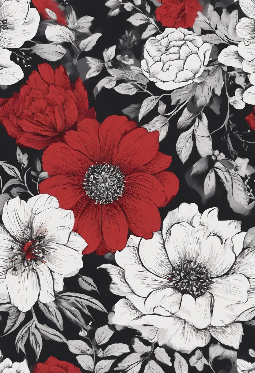 flower pattern, estilo plano, pintadas con marcador negro. estilo vector, estilo dibujo,colores rojos acuarela