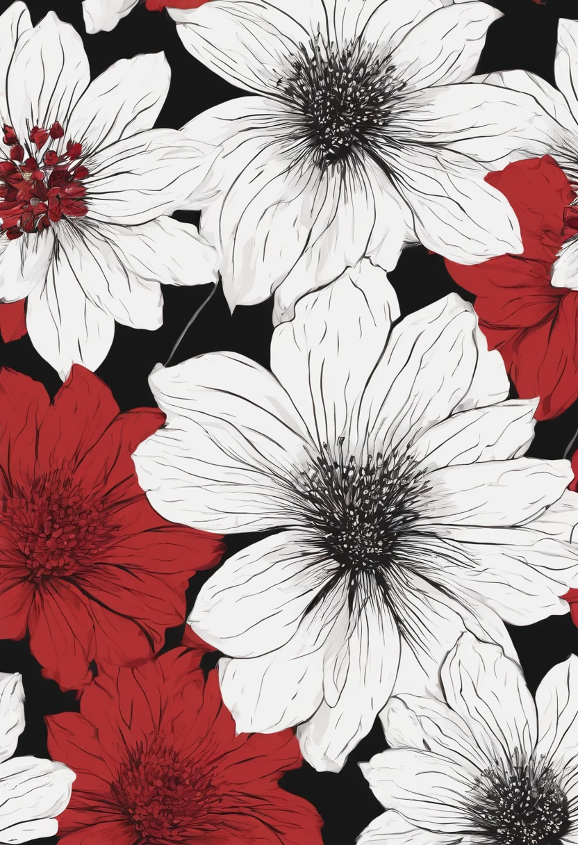 flower pattern, estilo plano, pintadas con marcador negro. estilo vector, estilo dibujo,colores rojos acuarela