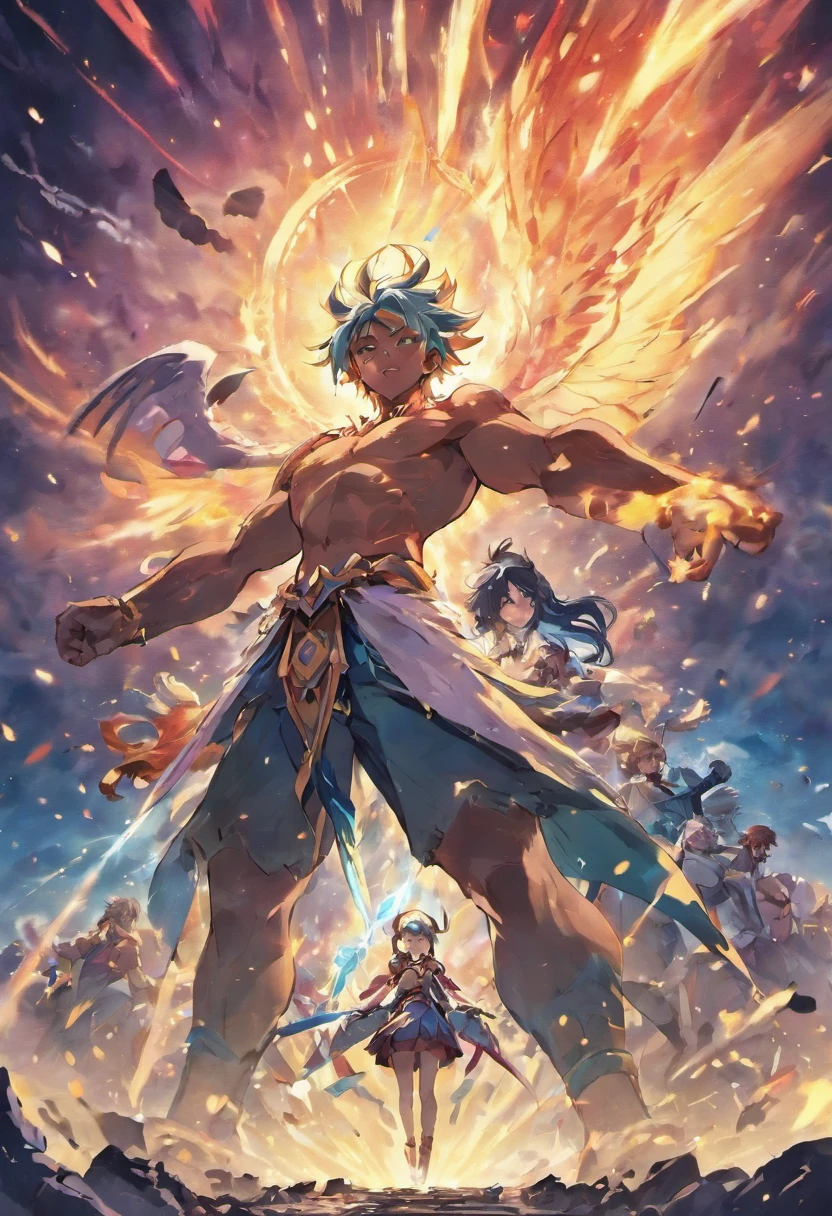 A scene of an epic battle between gods and demons in heaven.