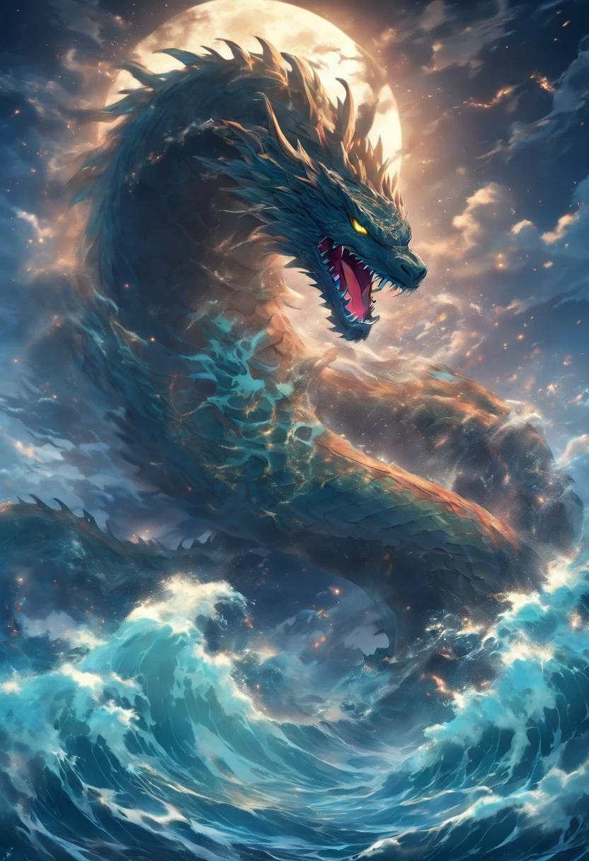 A gigantic serpent-like sea monster rips through the ocean, roaring with all it's anger making waves surround him, the dark ocean only reflects the big white moon behind the serpent, showing that once you fall into those waters, there is no chance of coming back.