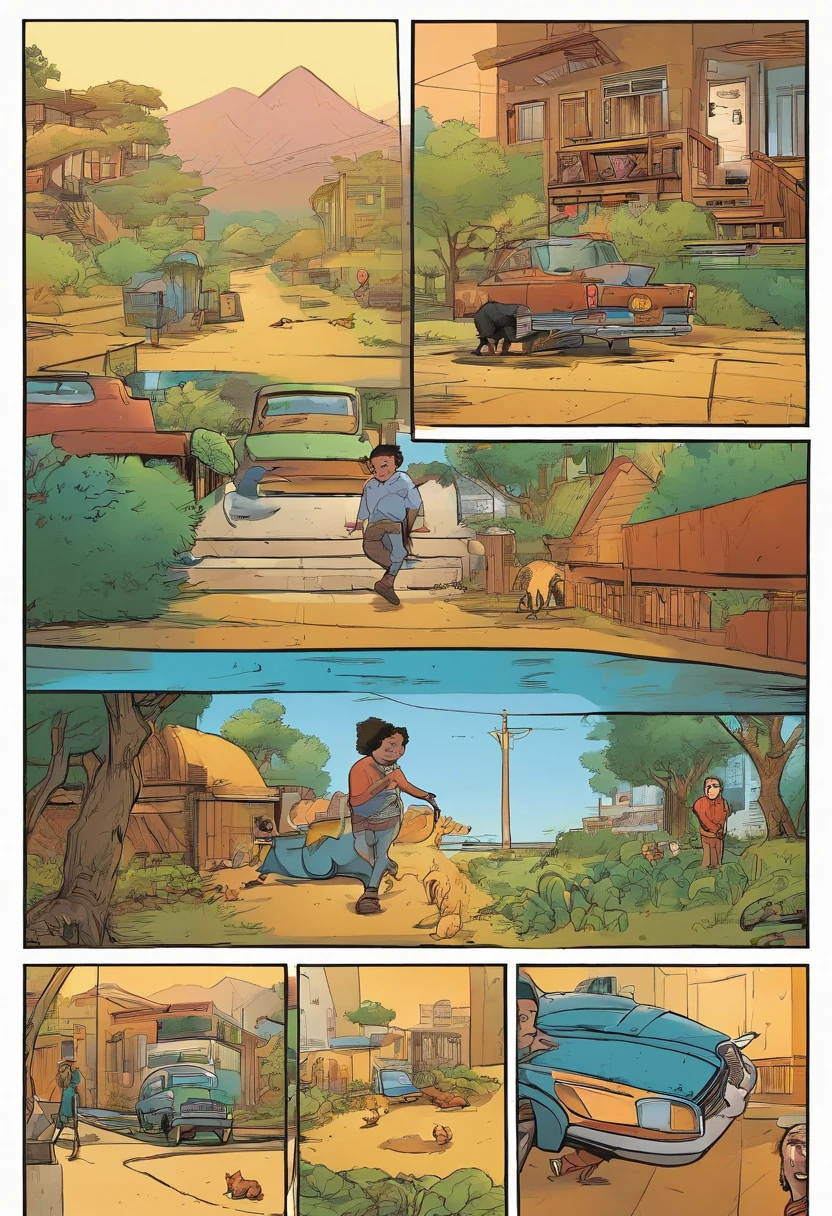 Quadrinhos americanos, The comic is presented in several irregular panels with colors. The short-haired American cat struggles as it runs away from home and then reunites with its owner. The style is exaggerated and detailed