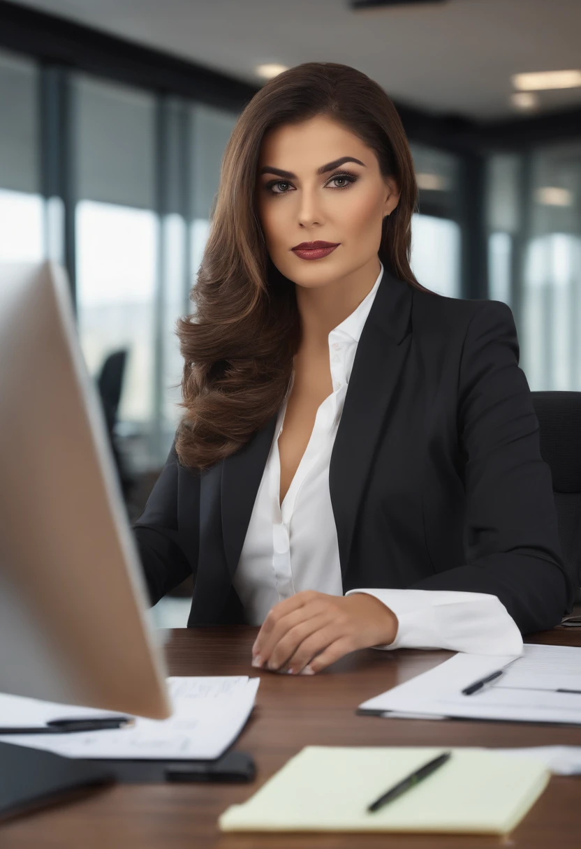 A close up of a woman in a suit sitting at a desk with a laptop - SeaArt AI