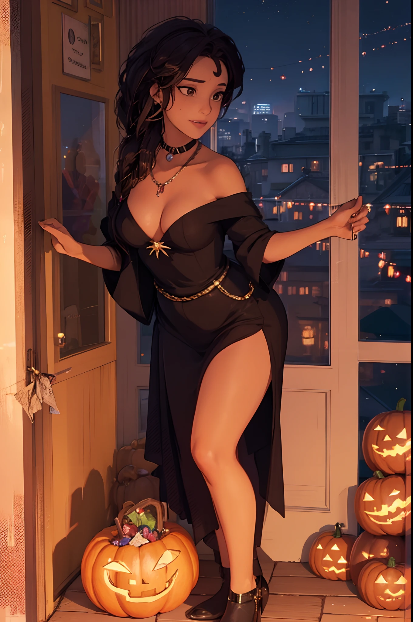 Rio morales, milf, giving candy on halloween night, wearing witch outfit, outside door, trick or treat, seductive, leaning down
